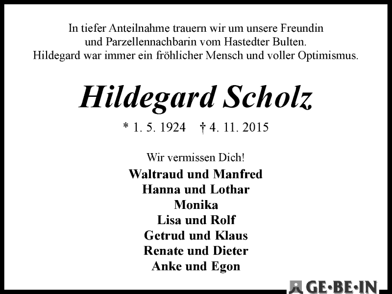 Traueranzeige von Hildegard Scholz von WESER-KURIER