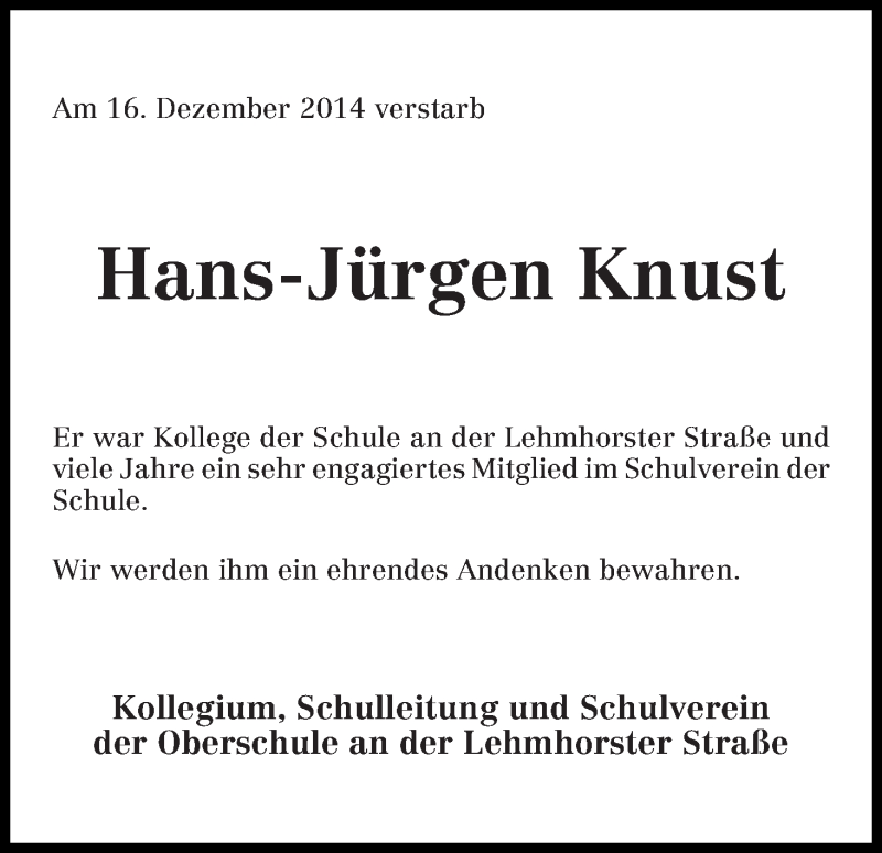 Traueranzeige von Hans-Jürgen Knust von Die Norddeutsche