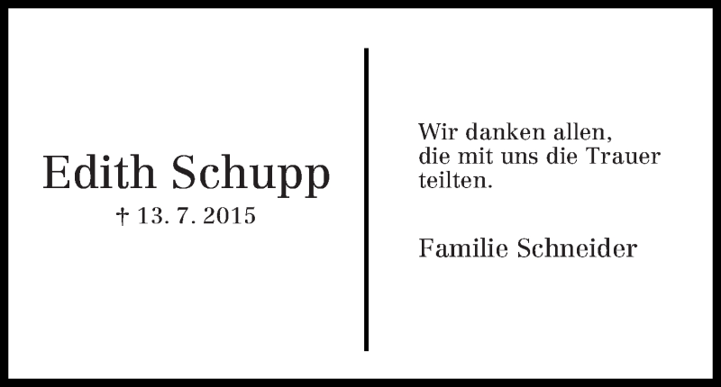 Traueranzeige von Edith Schupp von WESER-KURIER