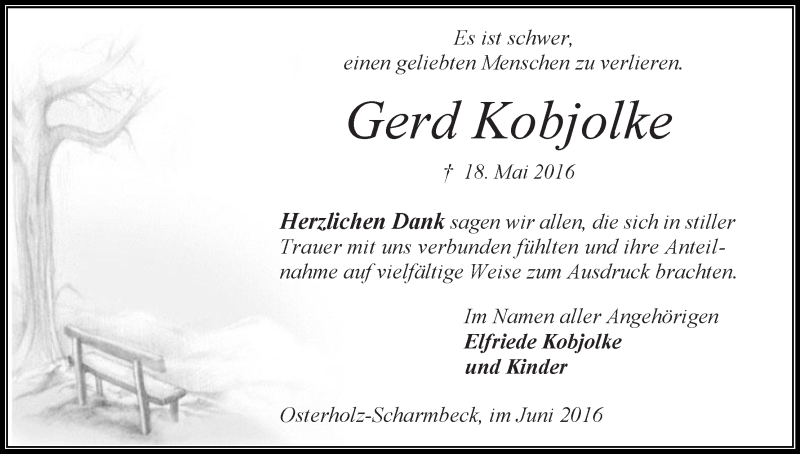 Traueranzeige von Gerd Kobjolke von Osterholzer Kreisblatt