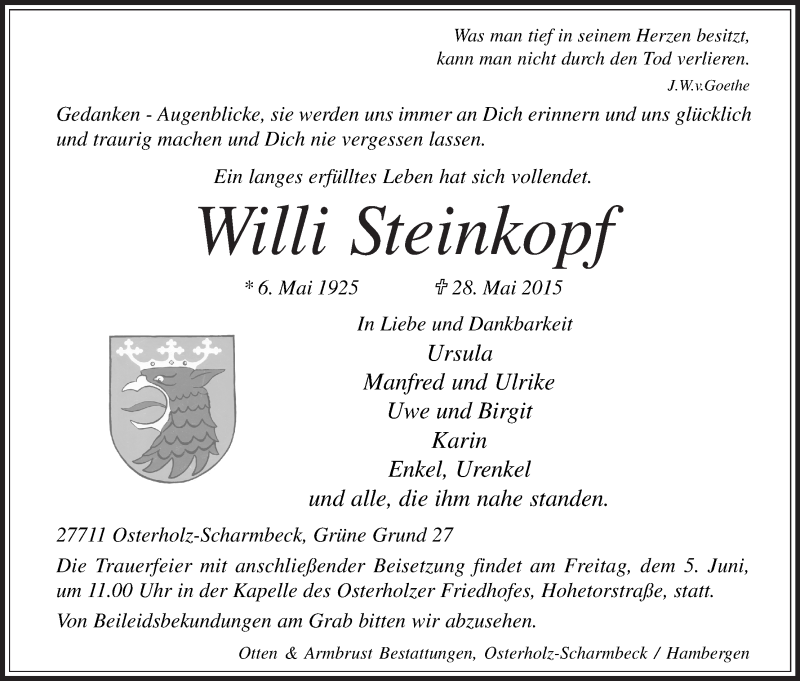 Traueranzeige von Willi Steinkopf von Osterholzer Kreisblatt