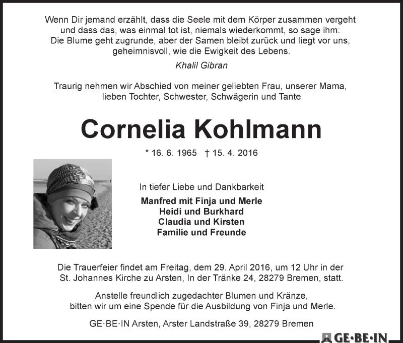 Traueranzeige von Cornelia Kohlmann von WESER-KURIER