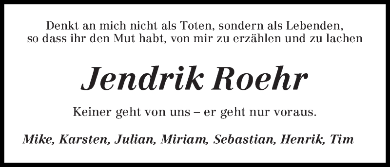 Traueranzeige von Jendrik Roehr von Die Norddeutsche