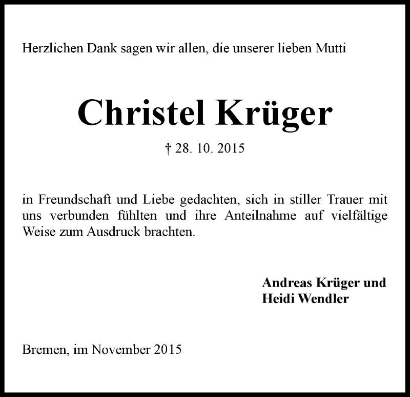 Traueranzeige von Christel Krüger von WESER-KURIER