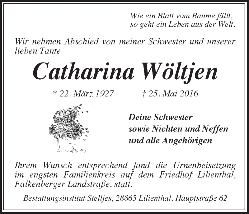 Traueranzeige von Catharina Wöltjen von Achimer Kurier/Verdener Nachrichten