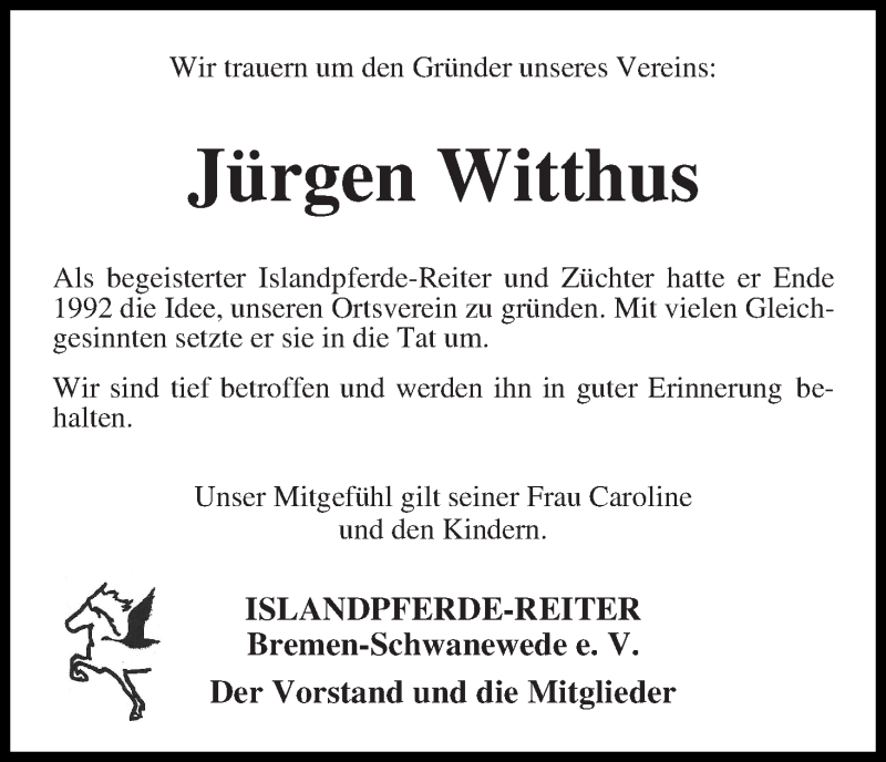 Traueranzeige von Jürgen Witthus von Die Norddeutsche