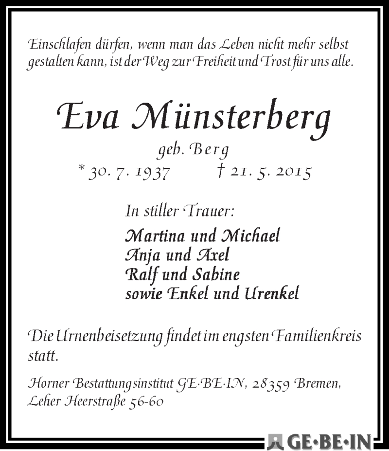 Traueranzeige von Eva Münsterberg von WESER-KURIER