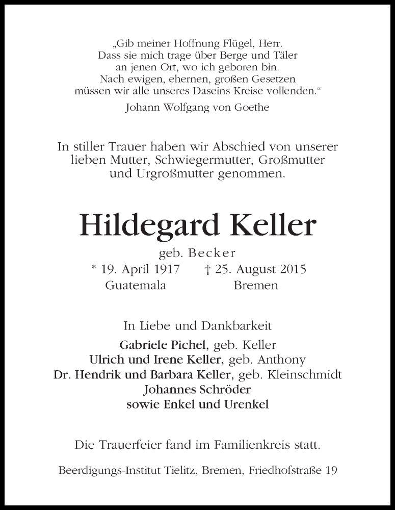 Traueranzeige von Hildegard Keller von WESER-KURIER