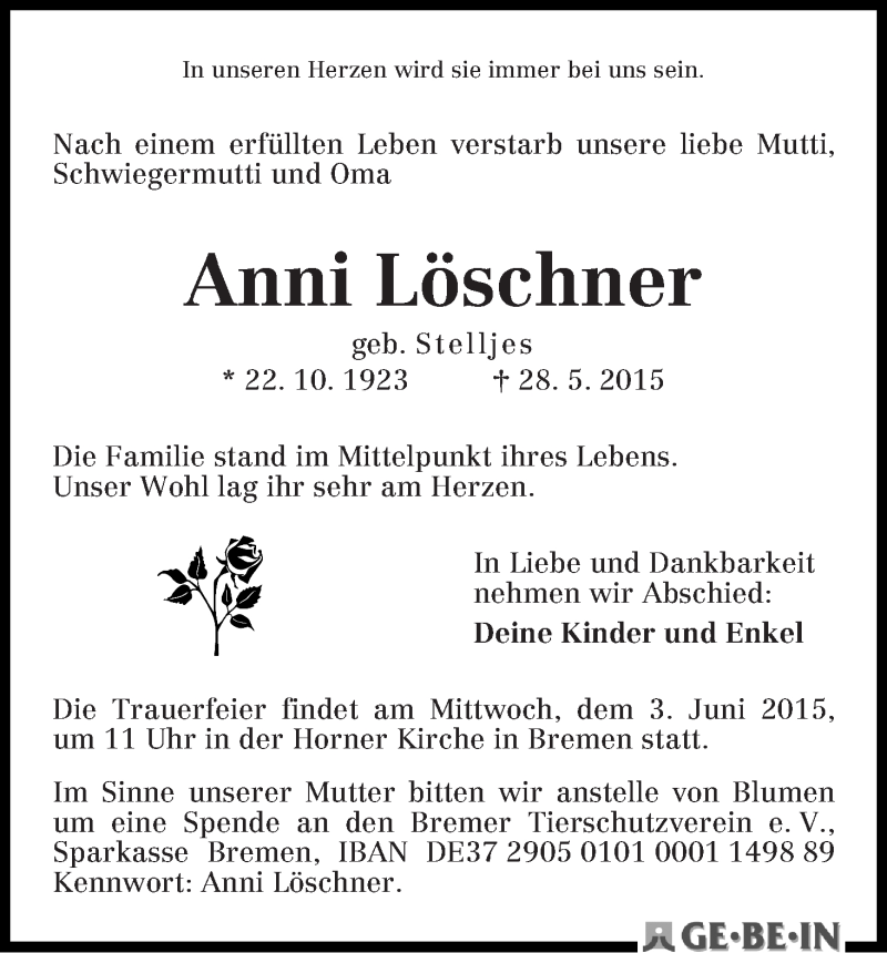 Traueranzeige von Anni Löschner von WESER-KURIER