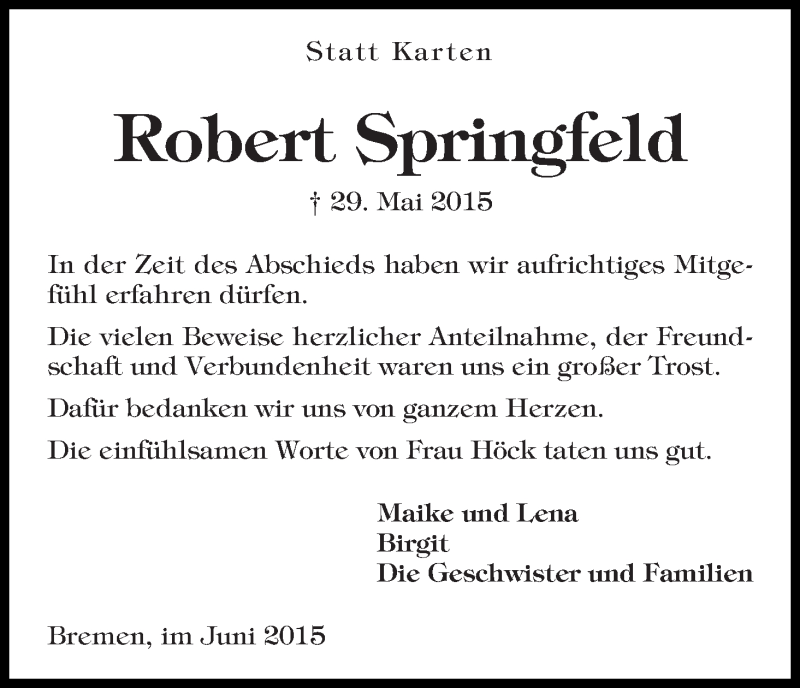 Traueranzeige von Robert Springfeld von WESER-KURIER