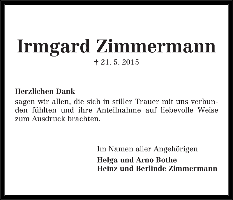Traueranzeige von Irmgard Zimmermann von Die Norddeutsche