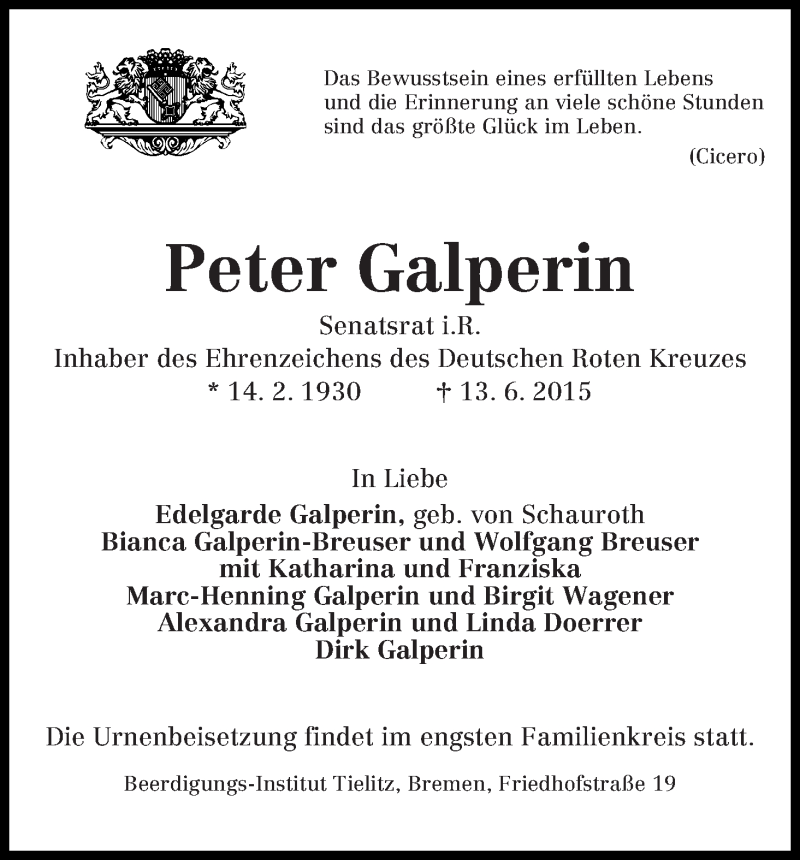 Traueranzeige von Peter Galperin von WESER-KURIER