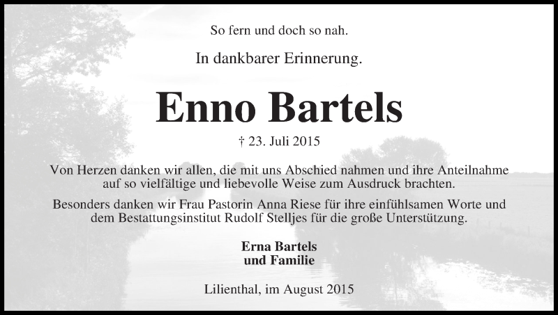 Traueranzeige von Enno Bartels von Wuemme Zeitung