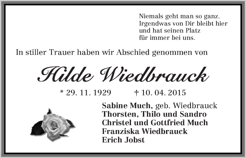 Traueranzeige von Hilde Wiedbrauck von WESER-KURIER