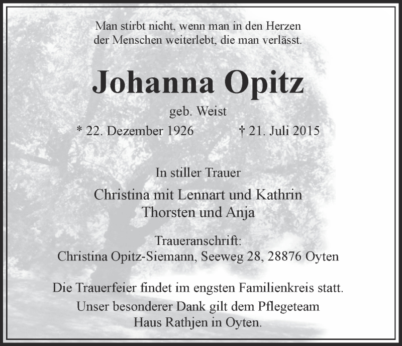Traueranzeige von Johanna Opitz von WESER-KURIER