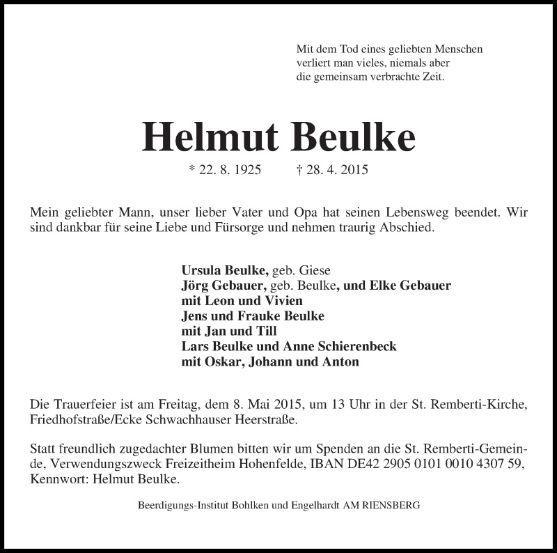 Traueranzeige von Helmut Beulke von WESER-KURIER
