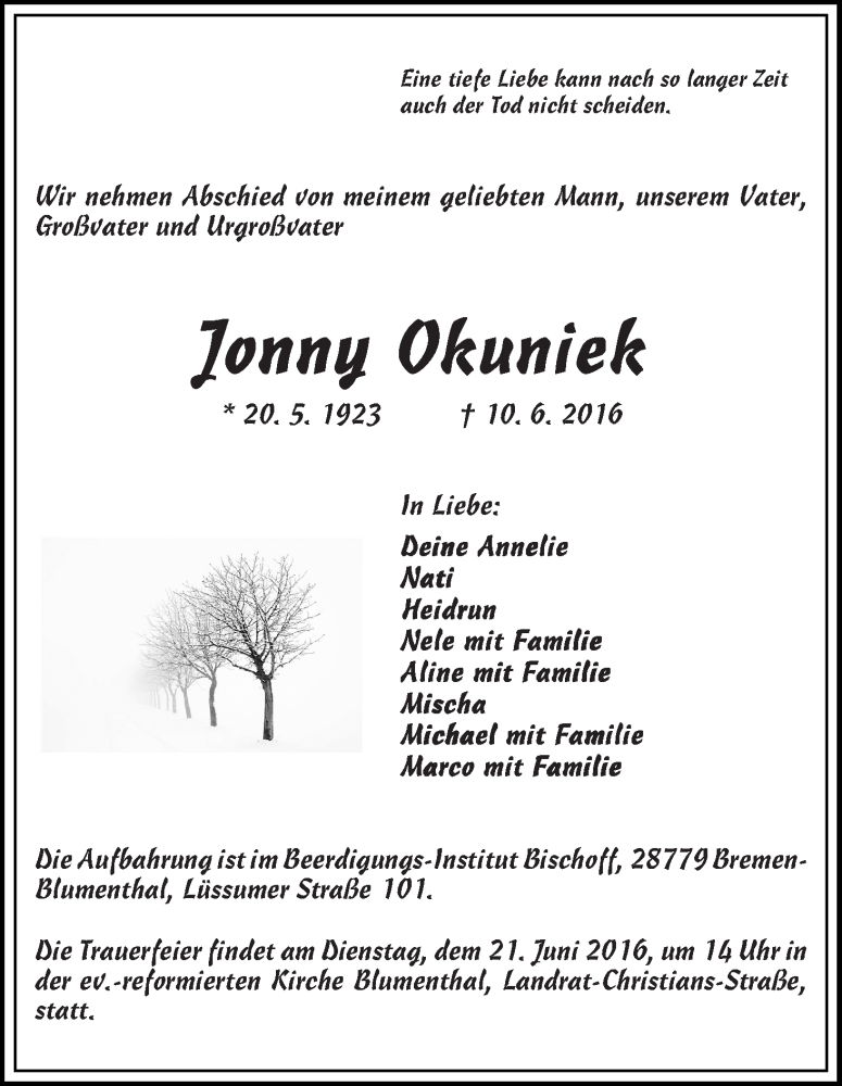 Traueranzeige von Jonny Okuniek von Die Norddeutsche
