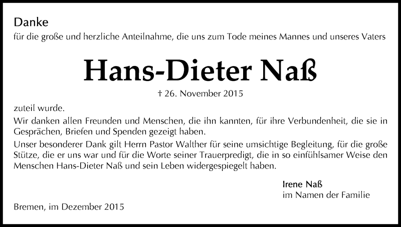 Traueranzeige von Hans-Dieter Naß von WESER-KURIER