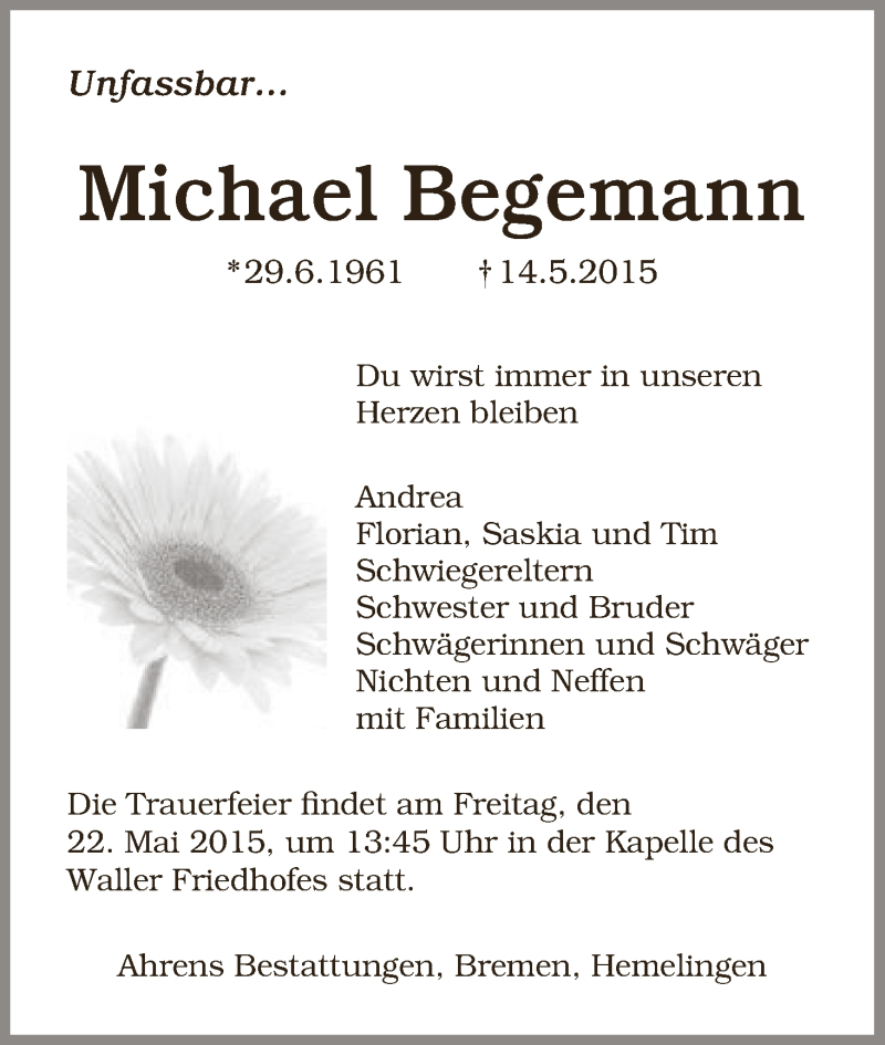 Traueranzeige von Michael Begemann von WESER-KURIER