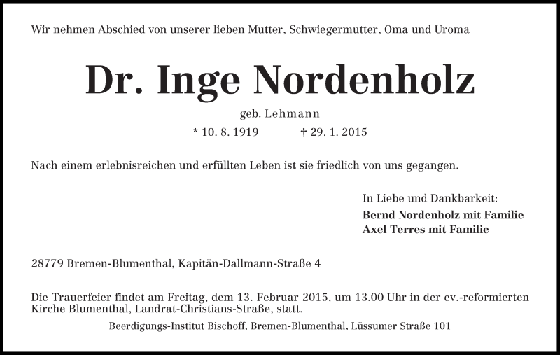 Traueranzeige von Inge Nordenholz von Die Norddeutsche