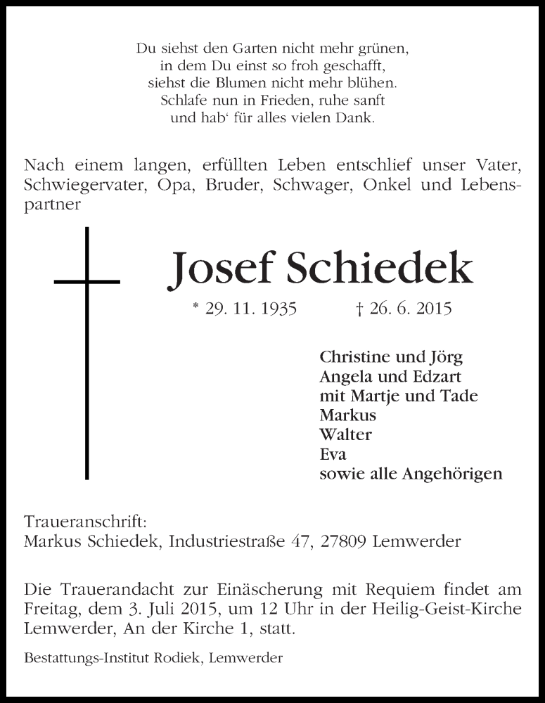 Traueranzeige von Josef Schiedek von Die Norddeutsche