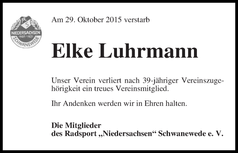 Traueranzeige von Elke Luhrmann von Die Norddeutsche