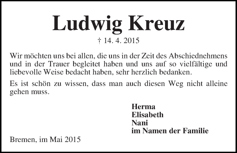 Traueranzeige von Ludwig Kreuz von WESER-KURIER