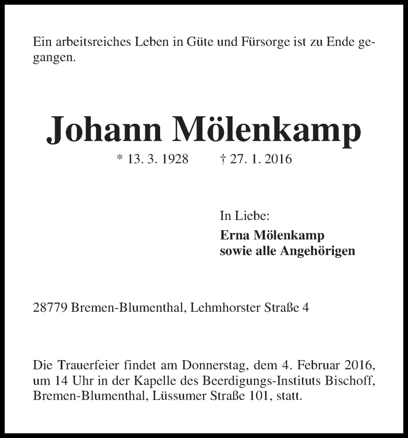 Traueranzeige von Johann Mölenkamp von Die Norddeutsche