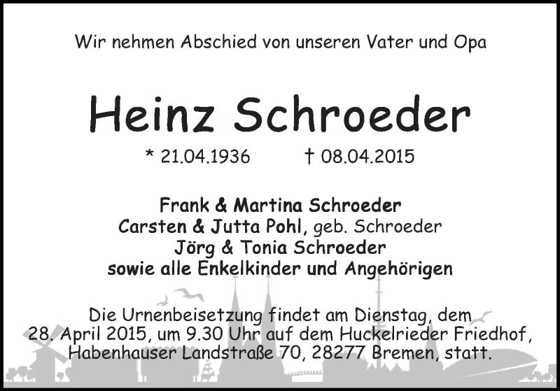Traueranzeige von Heinz Schroeder von WESER-KURIER