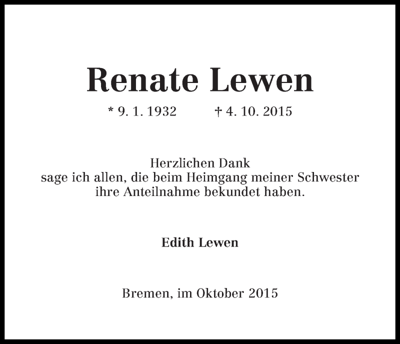 Traueranzeige von Renate Lewen von WESER-KURIER