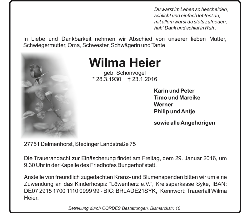 Traueranzeige von Wilma Heier von Delmenhorster Kurier