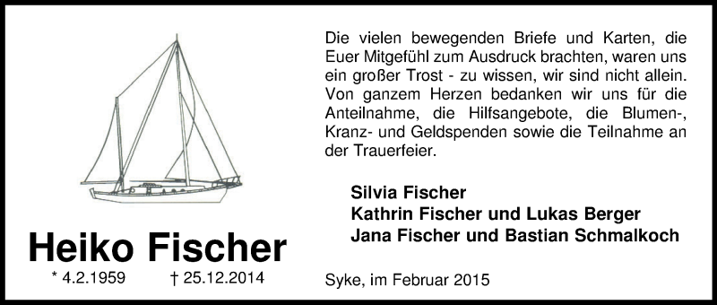 Traueranzeige von Heiko Fischer von WESER-KURIER