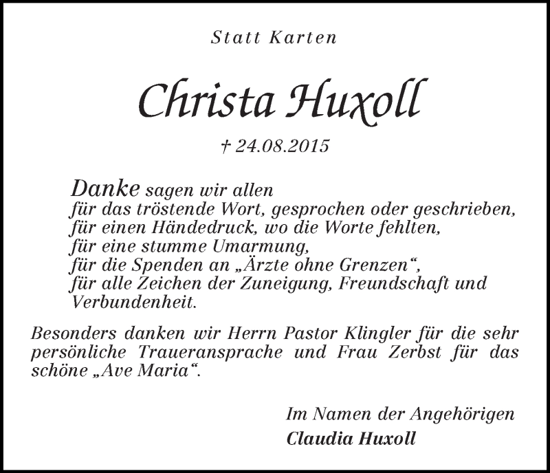Traueranzeige von Christa Huxoll von WESER-KURIER