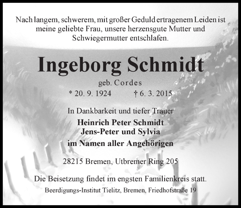 Traueranzeige von Ingeborg Schmidt von WESER-KURIER