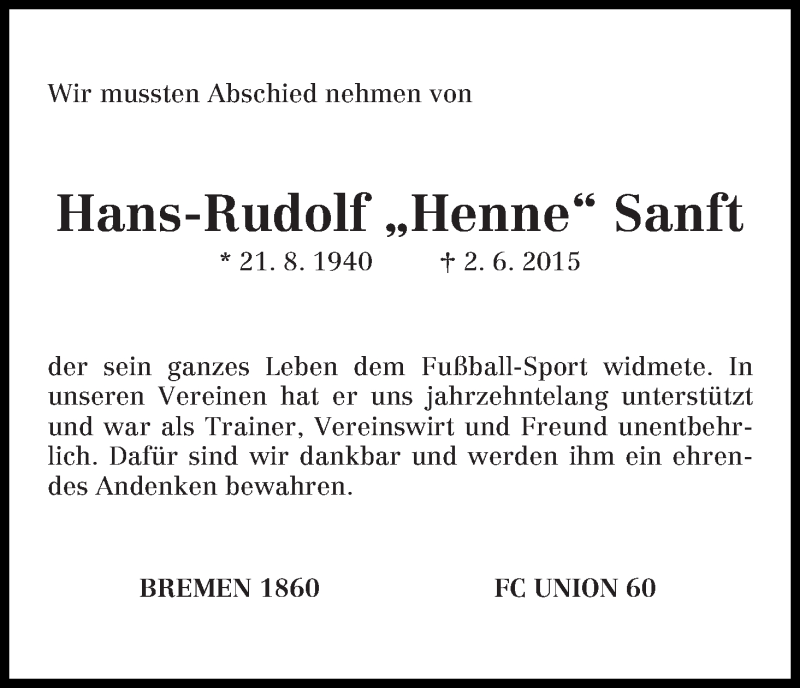 Traueranzeige von Hans-Rudolf Sanft von WESER-KURIER
