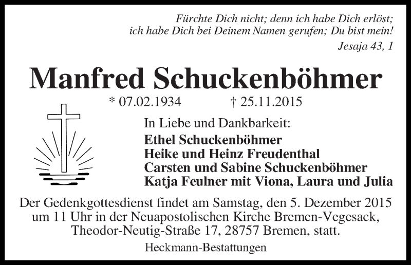 Traueranzeige von Manfred Schuckenböhmer von WESER-KURIER