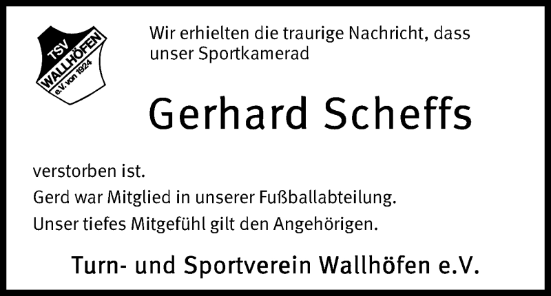 Traueranzeige von Gerhard Scheffs von Osterholzer Kreisblatt