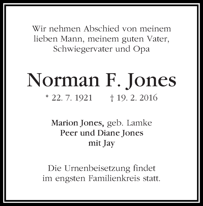 Traueranzeige von Norman F. Jones von WESER-KURIER