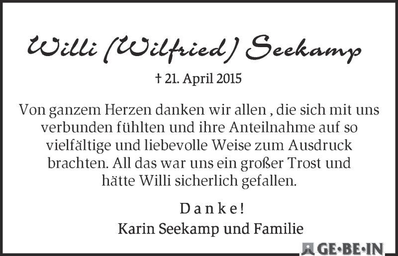 Traueranzeige von Willi Seekamp von Achimer Kurier/Verdener Nachrichten