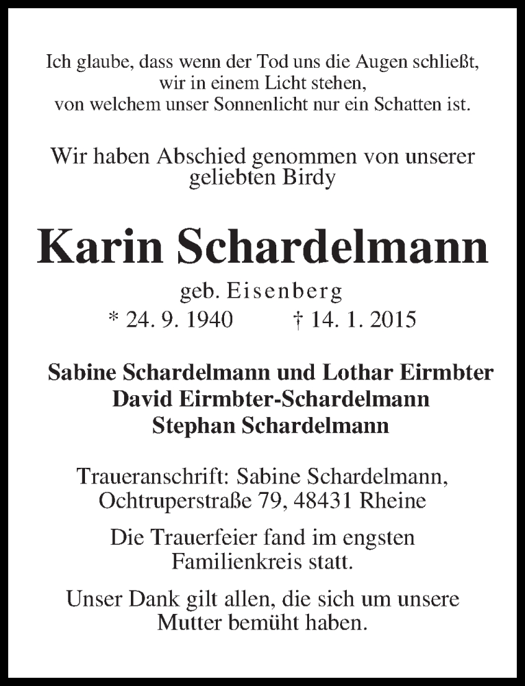 Traueranzeige von Karin Schardelmann von WESER-KURIER