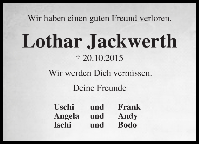 Traueranzeige von Lothar Jackwerth von WESER-KURIER