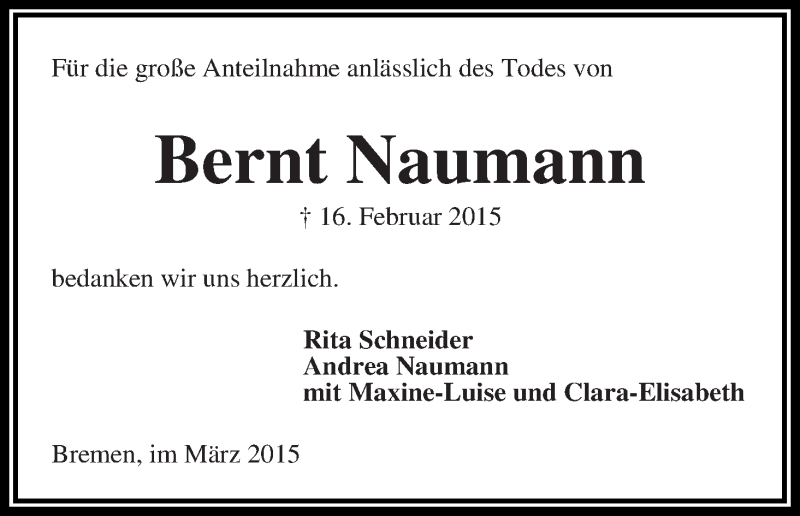 Traueranzeige von Bernt Naumann von WESER-KURIER
