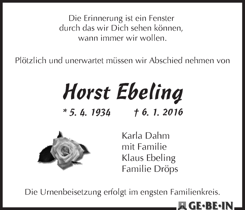Traueranzeige von Horst Ebeling von WESER-KURIER