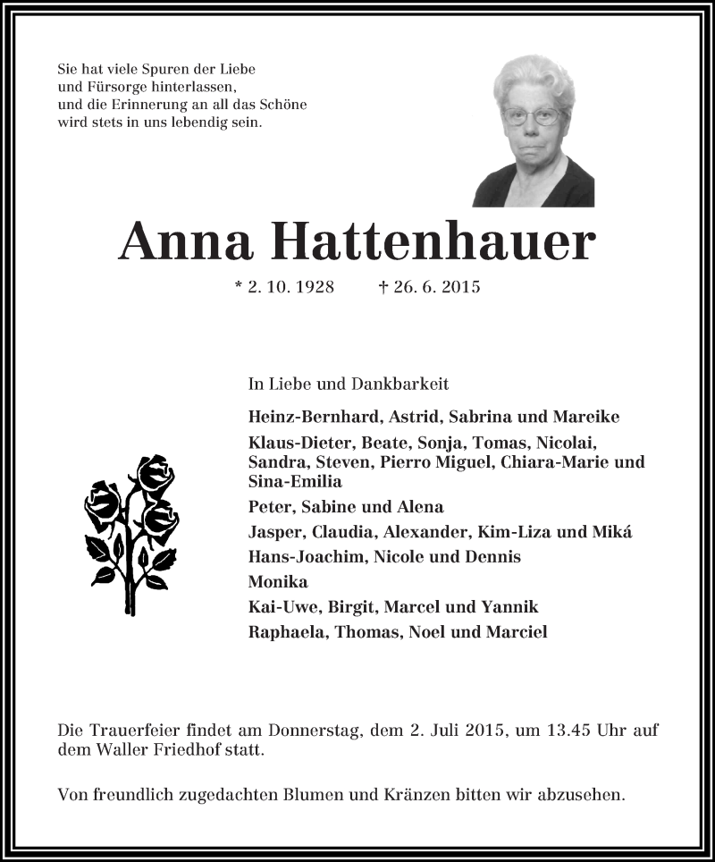 Traueranzeige von Anna Hattenhauer von WESER-KURIER