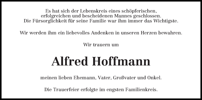 Traueranzeige von Alfred Hoffmann von WESER-KURIER