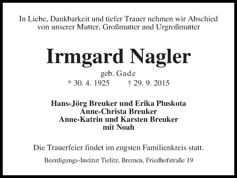 Traueranzeige von Irmgard Nagler von WESER-KURIER