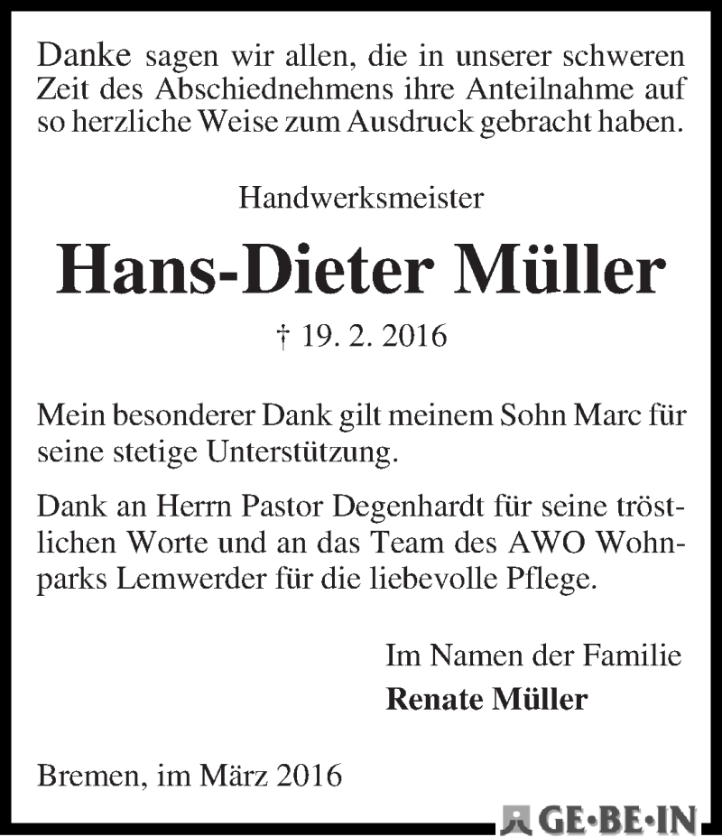 Traueranzeige von Hans-Dieter Müller von WESER-KURIER