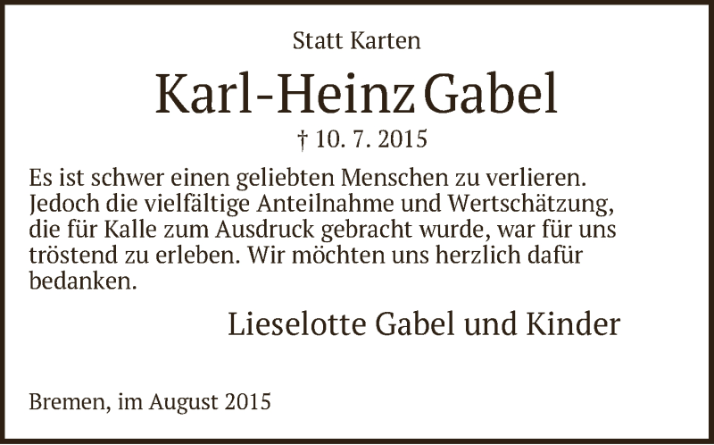 Traueranzeige von Karl-Heinz Gabel von WESER-KURIER