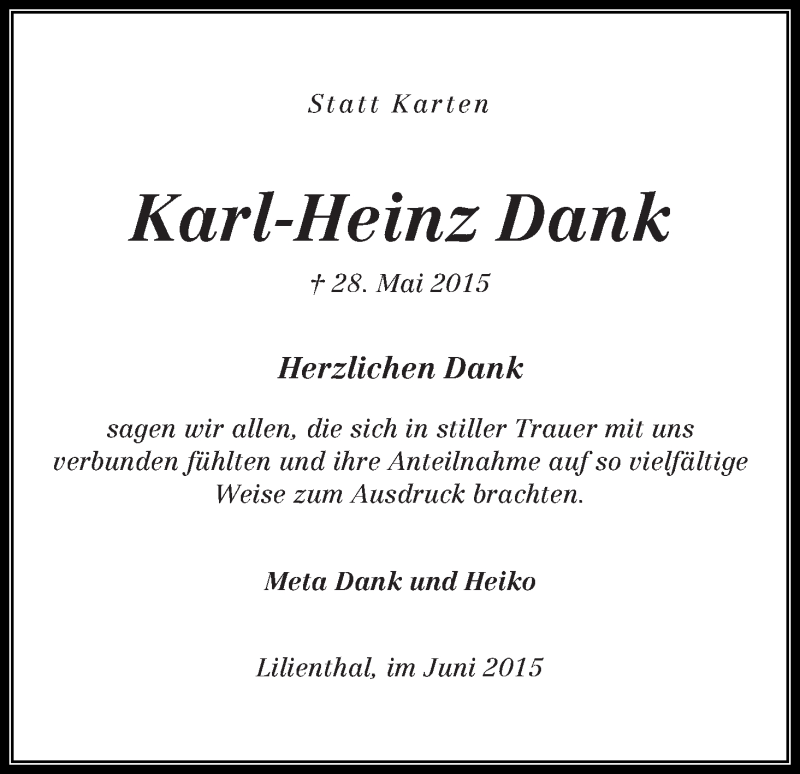 Traueranzeige von Karl-Heinz Dank von Wuemme Zeitung