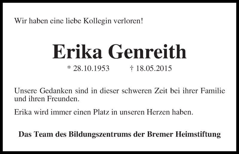 Traueranzeige von Erika Genreith von WESER-KURIER